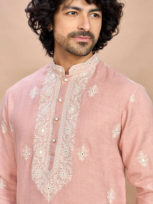 Pink Linen Embroidered Kurta Set for Men