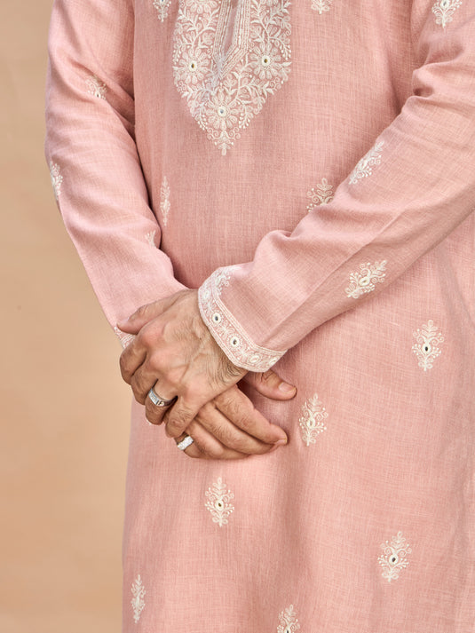 Pink Linen Embroidered Kurta Set for Men
