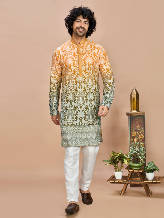 Mustard Heritage Embroidered Kurta for Men