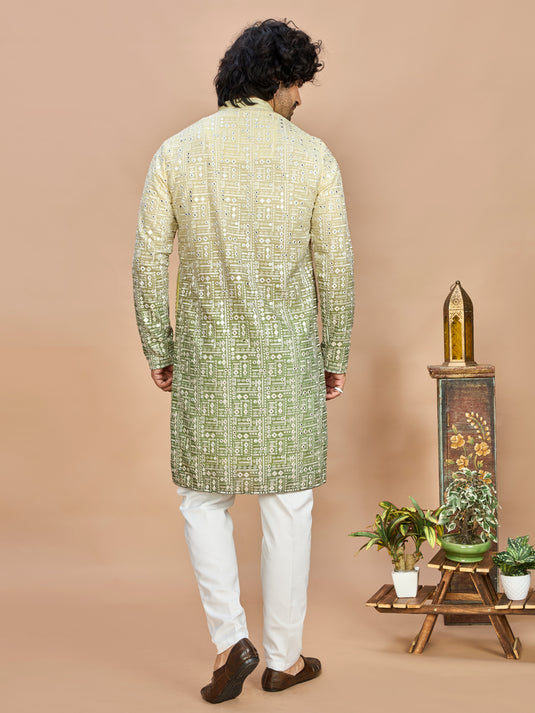 Lemon Georgette Embroidered Kurta Set for Men