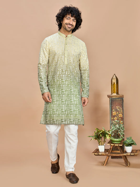 Lemon Georgette Embroidered Kurta Set for Men