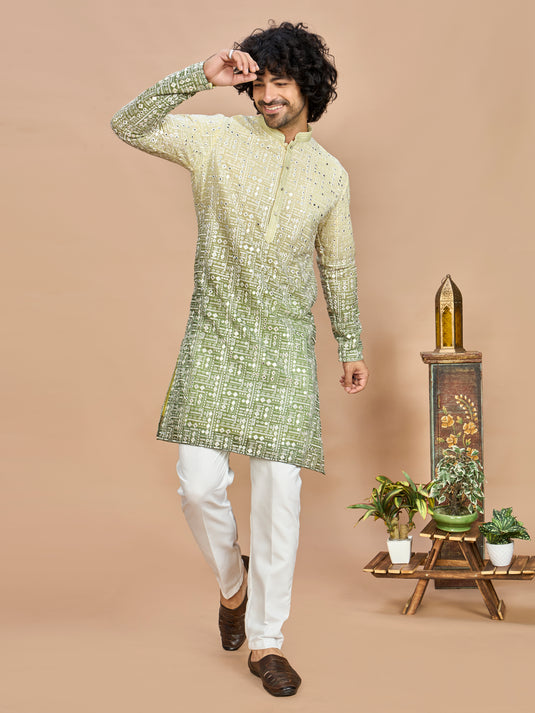 Lemon Georgette Embroidered Kurta Set for Men