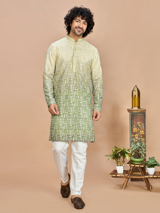 Lemon Georgette Embroidered Kurta Set for Men