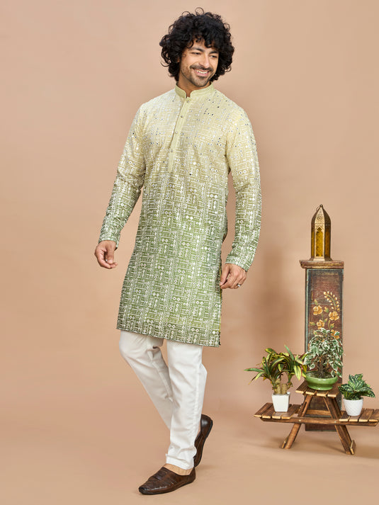 Lemon Georgette Embroidered Kurta Set for Men