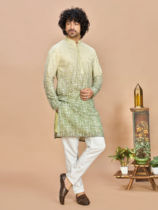 Lemon Georgette Embroidered Kurta Set for Men