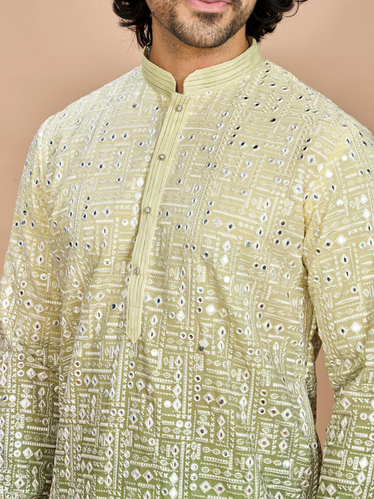 Lemon Georgette Embroidered Kurta Set for Men