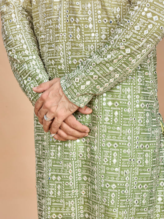 Lemon Georgette Embroidered Kurta Set for Men