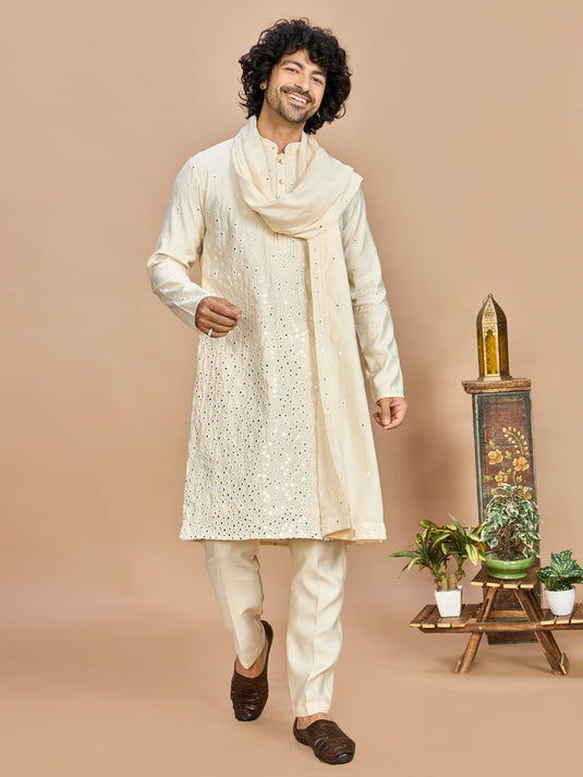 Cream Kurta with Dupatta and Bottom for Men
