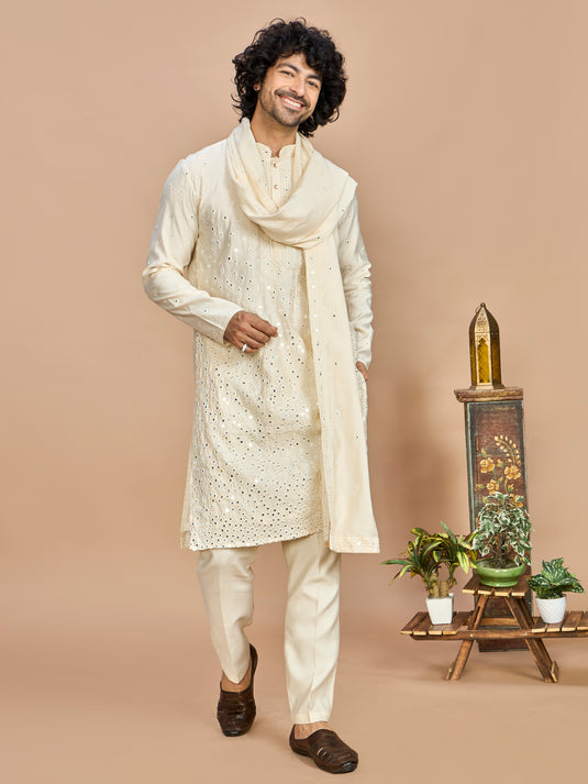 Cream Kurta with Dupatta and Bottom for Men