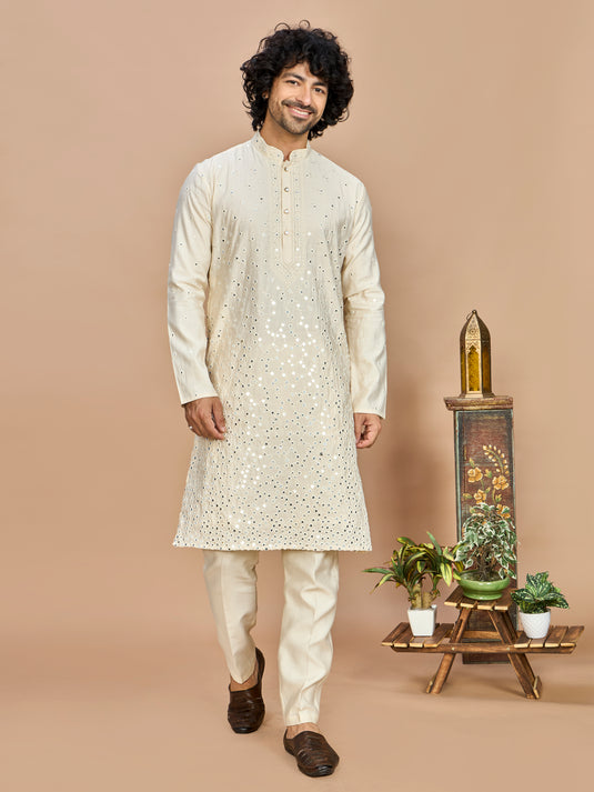 Cream Kurta with Dupatta and Bottom for Men