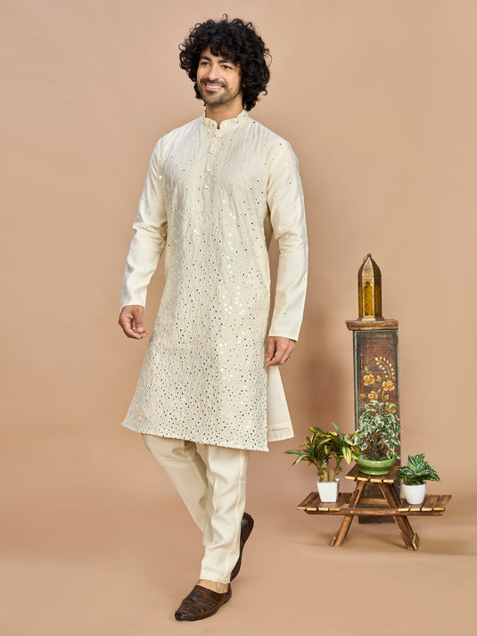 Cream Kurta with Dupatta and Bottom for Men