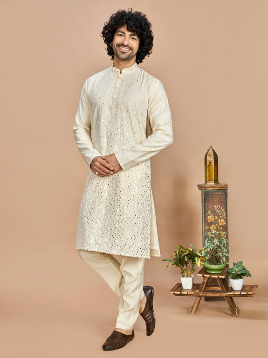 Cream Kurta with Dupatta and Bottom for Men