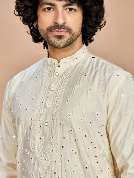 Cream Kurta with Dupatta and Bottom for Men