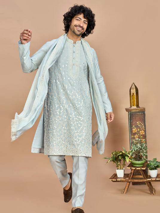 Sky Blue Kurta with Dupatta and Bottom for Men