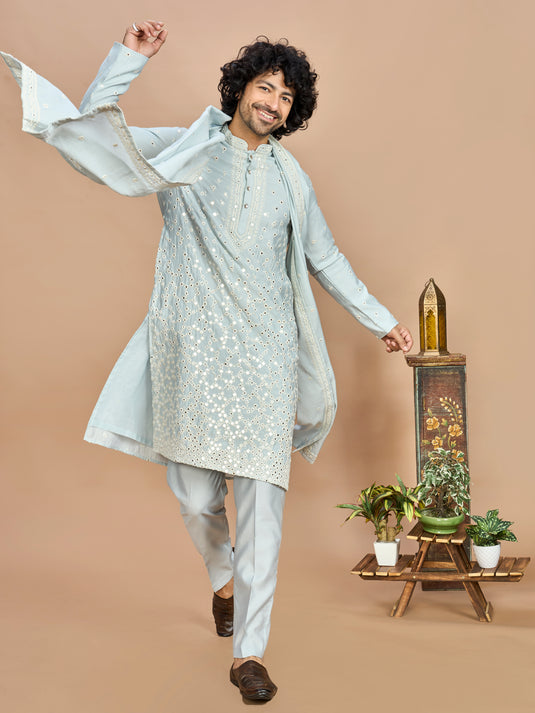 Sky Blue Kurta with Dupatta and Bottom for Men