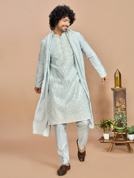 Sky Blue Kurta with Dupatta and Bottom for Men
