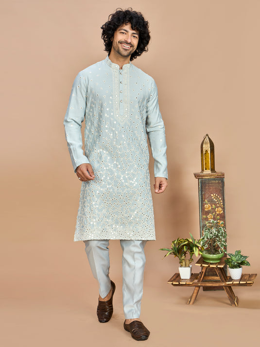 Sky Blue Kurta with Dupatta and Bottom for Men