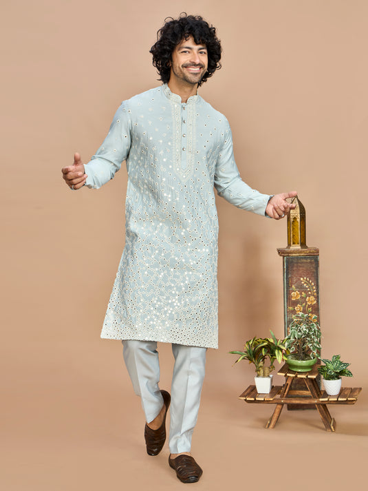 Sky Blue Kurta with Dupatta and Bottom for Men