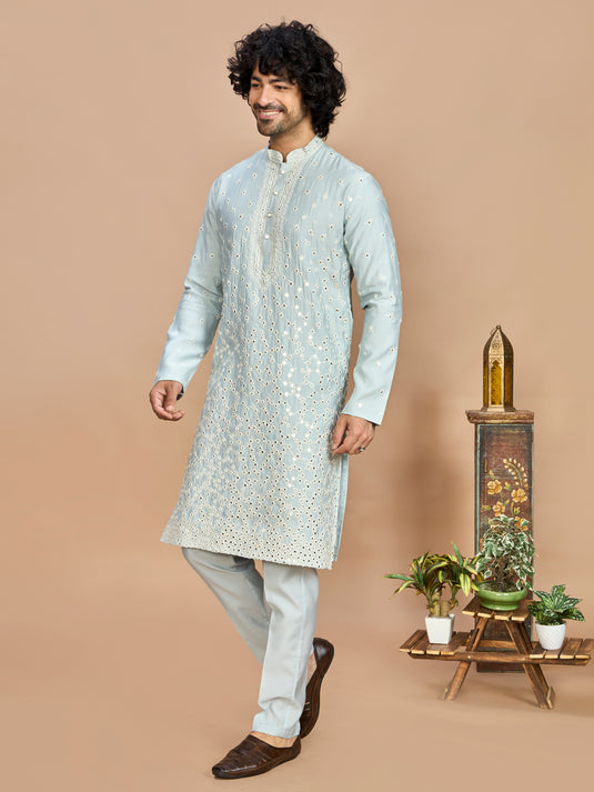 Sky Blue Kurta with Dupatta and Bottom for Men