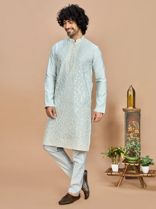 Sky Blue Kurta with Dupatta and Bottom for Men