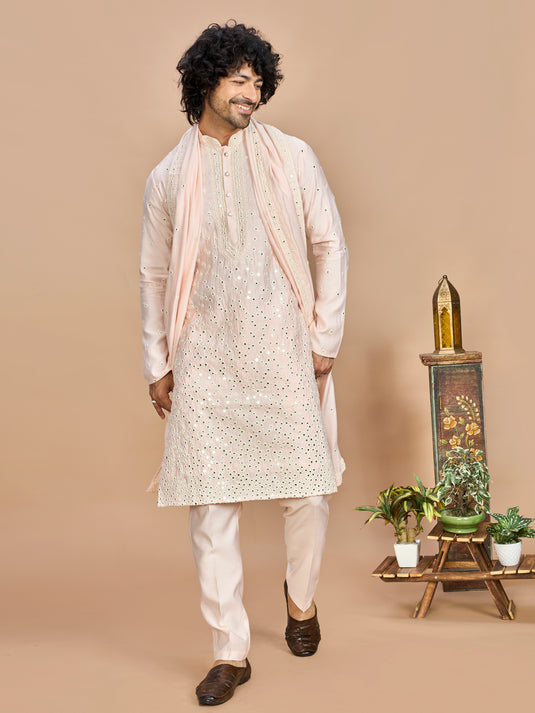Pink Kurta with Dupatta and Bottom for Men