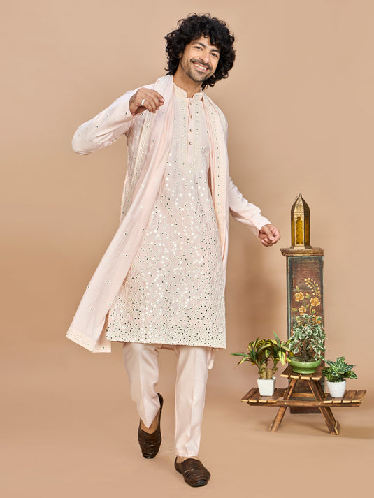 Pink Kurta with Dupatta and Bottom for Men