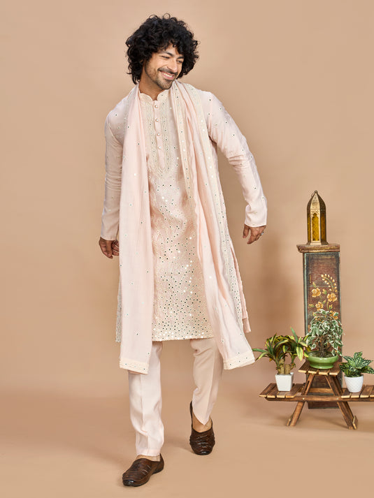 Pink Kurta with Dupatta and Bottom for Men