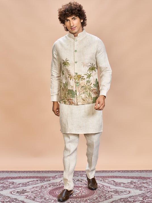 Green Nature Print Linen Jacket Kurta Set for Men