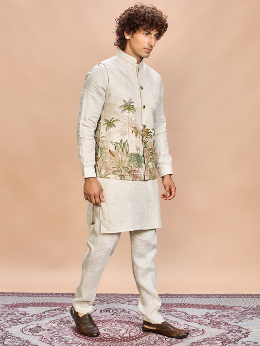 Green Nature Print Linen Jacket Kurta Set for Men