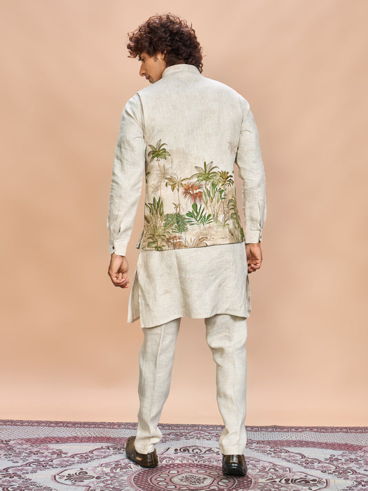 Green Nature Print Linen Jacket Kurta Set for Men