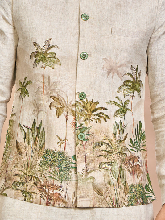 Green Nature Print Linen Jacket Kurta Set for Men