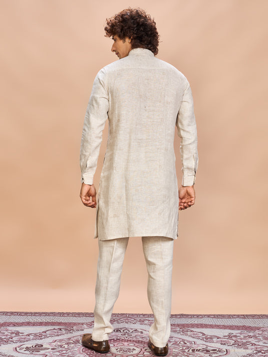 Green Nature Print Linen Jacket Kurta Set for Men