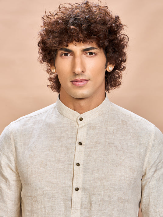 Green Nature Print Linen Jacket Kurta Set for Men