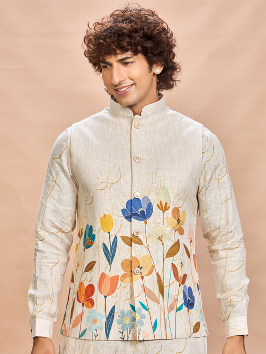 Orange Floral Linen Jacket Kurta Set for Men