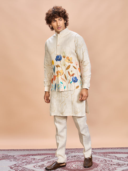 Orange Floral Linen Jacket Kurta Set for Men