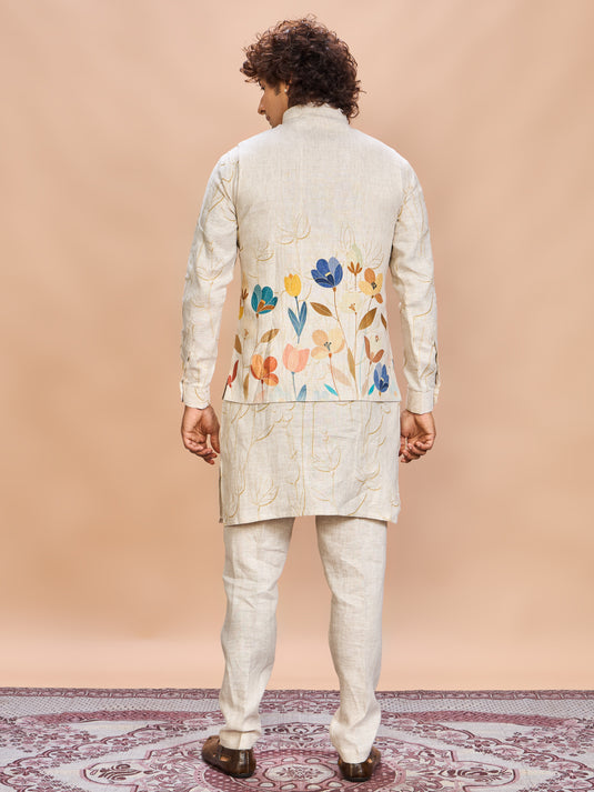 Orange Floral Linen Jacket Kurta Set for Men