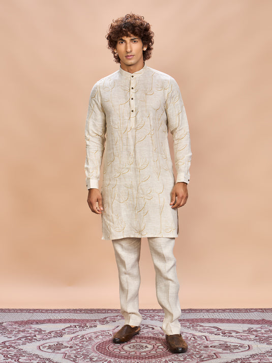 Orange Floral Linen Jacket Kurta Set for Men