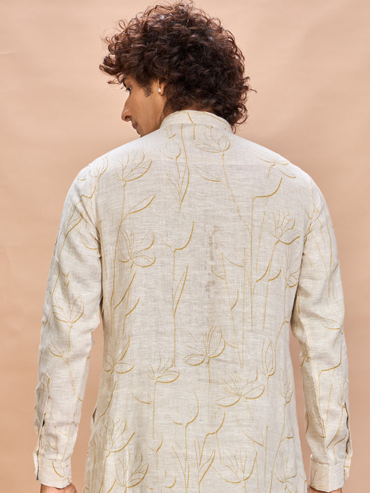 Orange Floral Linen Jacket Kurta Set for Men