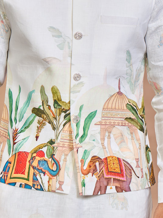Cream Printed Linen Jacket Kurta Set for Men