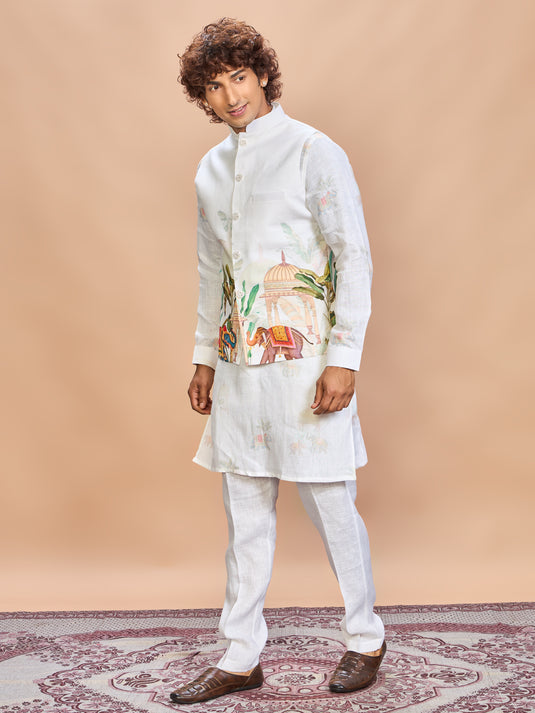 Cream Printed Linen Jacket Kurta Set for Men