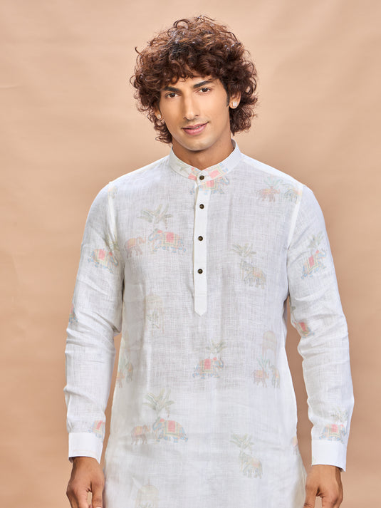 Cream Printed Linen Jacket Kurta Set for Men