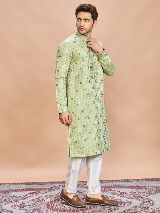 Green Silk Embroidered Kurta Set