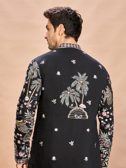 Black Silk Embroidered Kurta Set