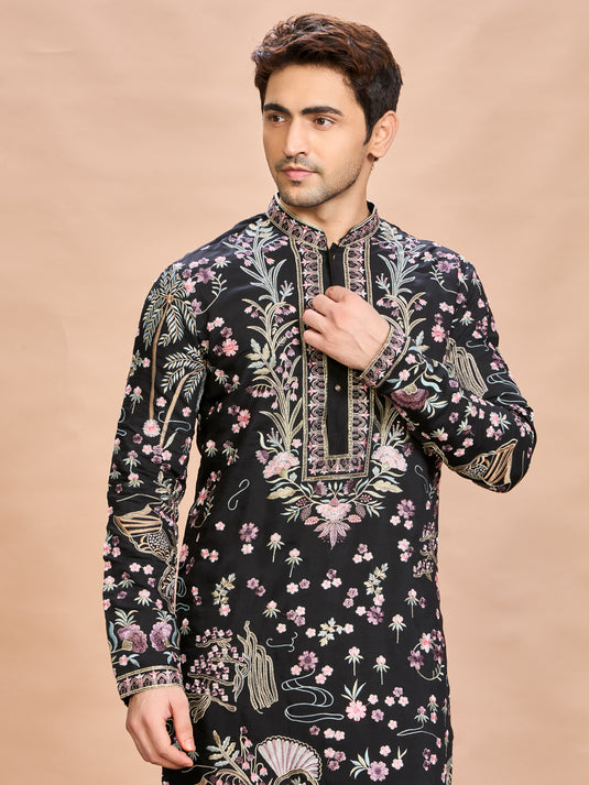 Black Silk Embroidered Kurta Set