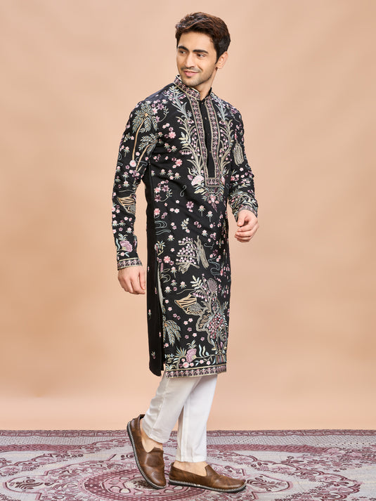 Black Silk Embroidered Kurta Set