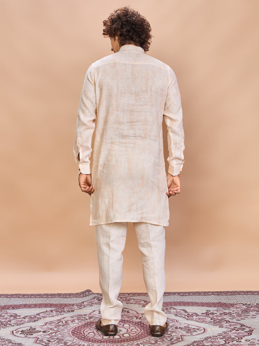 Peach Floral Linen Jacket Kurta Set for Men