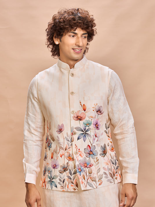Peach Floral Linen Jacket Kurta Set for Men