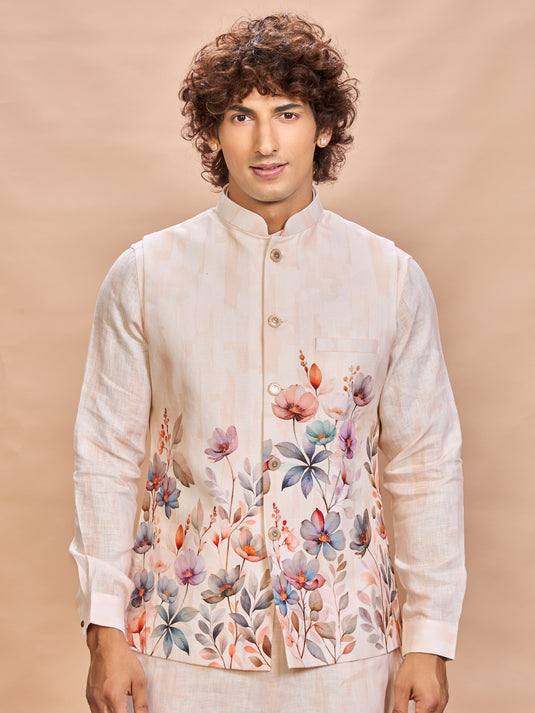 Peach Floral Linen Jacket Kurta Set for Men