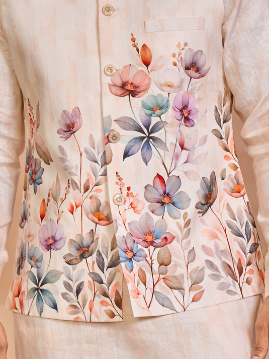 Peach Floral Linen Jacket Kurta Set for Men