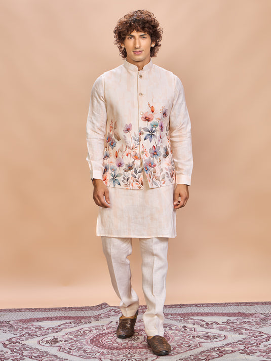 Peach Floral Linen Jacket Kurta Set for Men